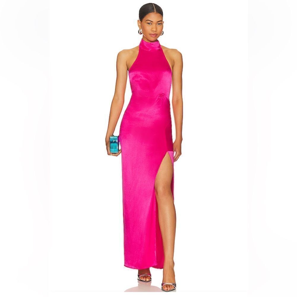 NWT SNDYS Halter Maxi Hot Pink satin high slit Revolve XS
